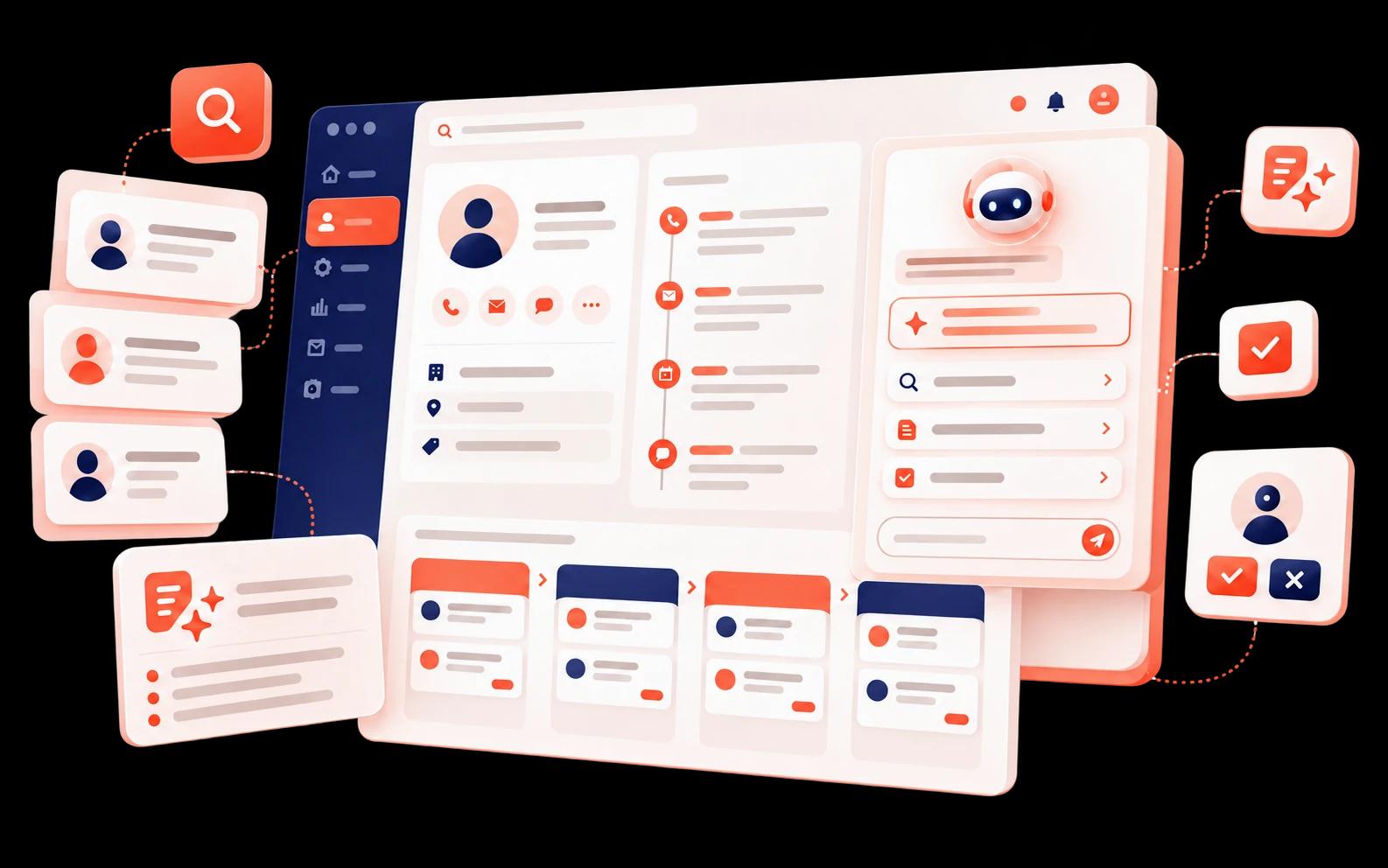 Minh họa trợ lý AI kết nối hồ sơ khách hàng, lịch sử tương tác và công việc trong CRM