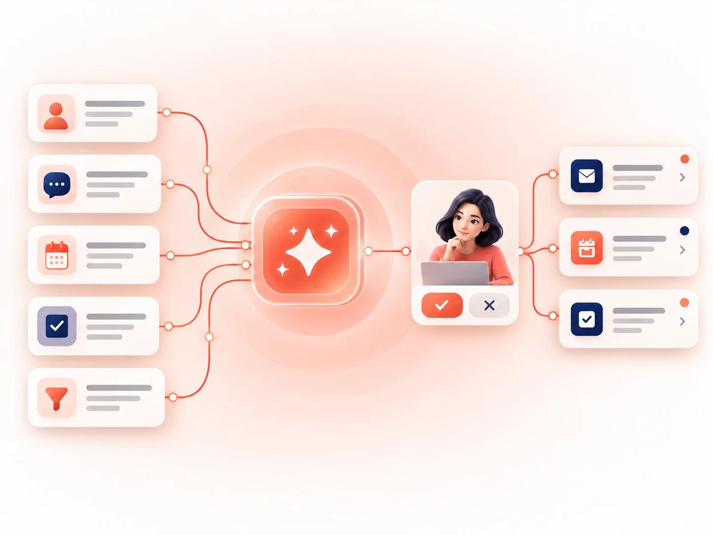 Minh họa dữ liệu CRM được AI tổng hợp, người dùng kiểm tra trước bước hành động