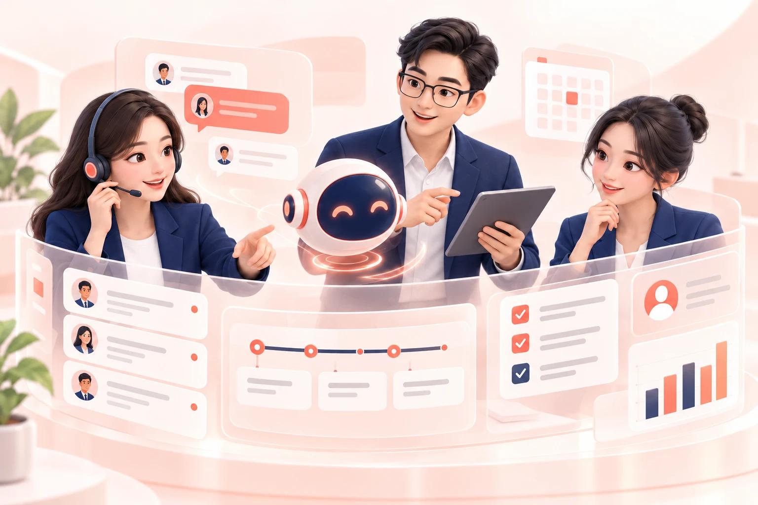 Minh họa đội ngũ bán hàng, chăm sóc khách hàng và quản lý cộng tác cùng trợ lý AI trên dữ liệu CRM